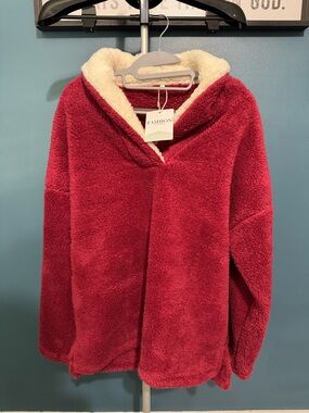 Women's Plush Hooded Pullover Sweater - Red with Cream Sherpa